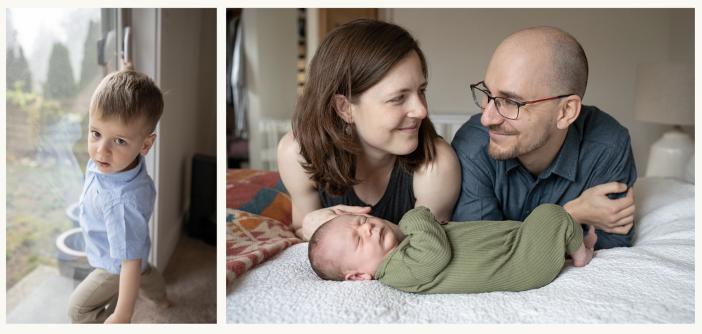 A new mom and dad smile at each other during their in-home newborn session.